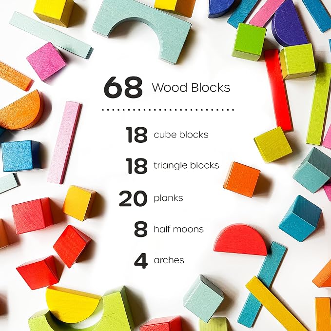 Quiggly Montessori Wooden Rainbow Building Blocks - 68 Pc STEM Toy Set - Image 6