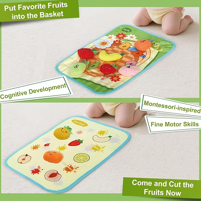 Baby Toys for 6-12 Months, Fruits Vegetables Plush Montessori Toys, Color Shape Sorting Crinkle Rattle Textures Sensory Toy, Fine Motor Skills Christmas Baby Gift for 0+ Boys Girls