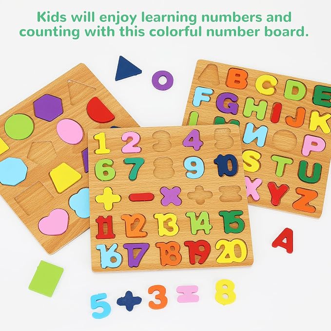 Alphabet Wooden Puzzles for Toddlers 3-5, Pack of 3 ABC, Number and Shape Puzzle, Preschool Educational Learning Toys with Puzzle Board & Letter Blocks for Girls Boys Ages 3 4 5 Years Old - Image 5