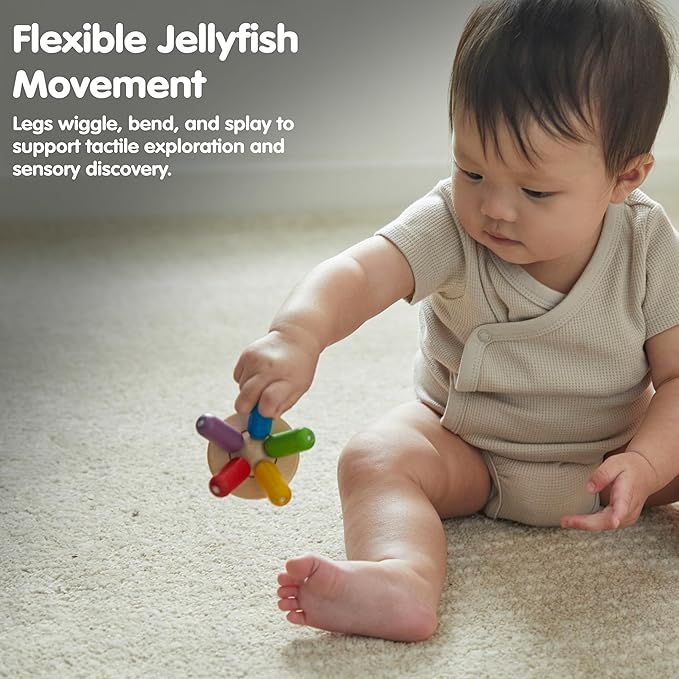 PlanToys® Flexi Jellyfish Wooden Sensory Toy for Tactile Exploration & Coordination | Montessori Grasping Activity for Focus, Movement & Fine-Motor Skills | Eco-Friendly Educational Toy