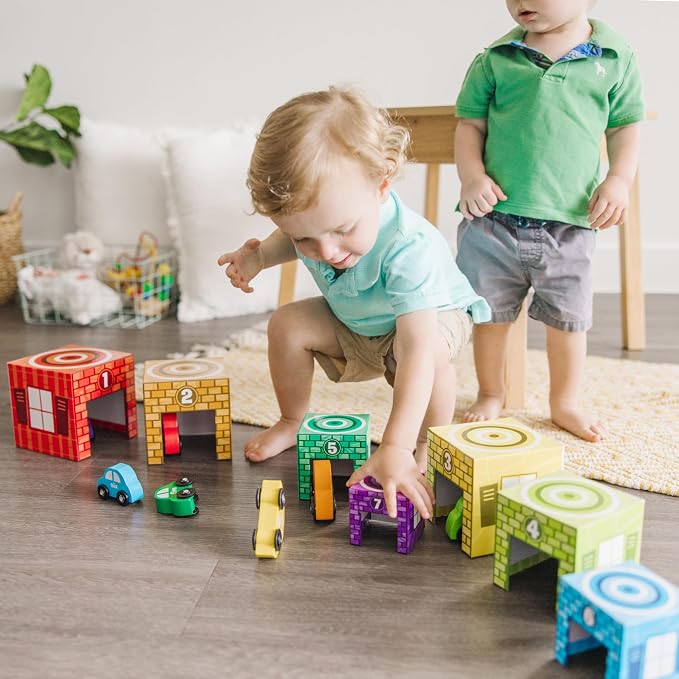 Melissa & Doug Nesting and Sorting Garages and Cars with 7 Graduated Garages and 7 Stackable Wooden Cars - FSC Certified - Image 2