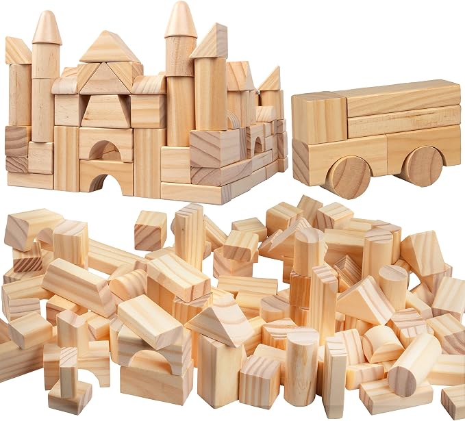 Wooden Blocks Set - 100 Pc Natural Colored Wood Building Block Toys- 100% Real Wood, 14 Different Shapes, Great Gift for Kids or School Project, Hands On Indoor Activity Play- Build, Stack and Create by Right+Track+Toys+-+Thomas+Compatible+Train+Tracks+and+Accessories+that+won%27t+break+the+bank%21+++-+Since+2008