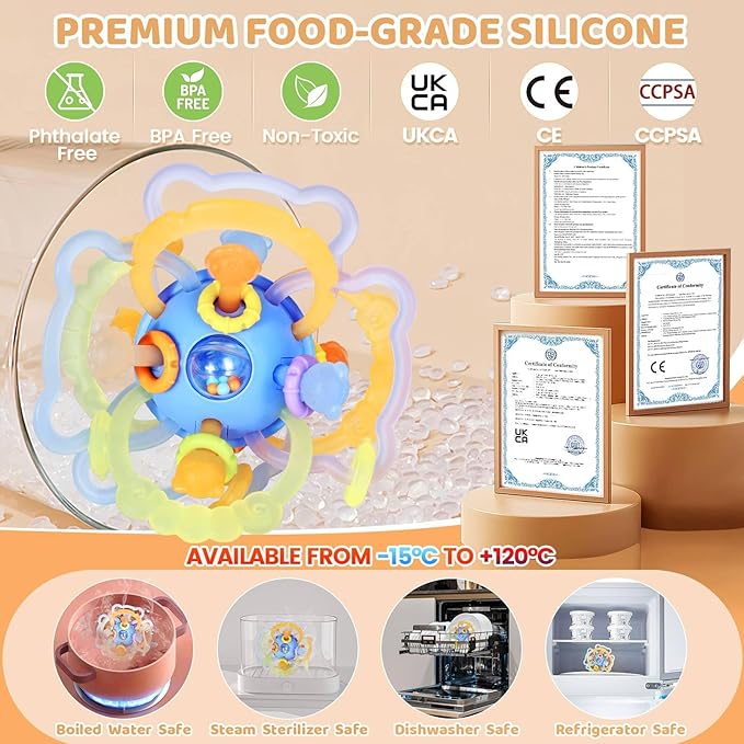 Orzbow Sensory Teething Toys for Babies, Montessori Toys 3-18 Months, Infant Teethers Relief, Silicone Baby Rattle, BPA Free, Blue