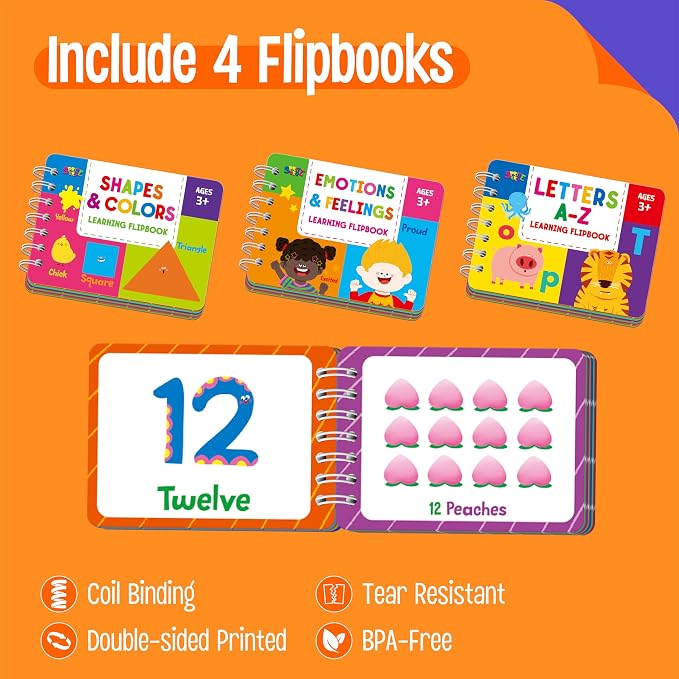4 Preschool Learning Flipbooks, 96PCS Double Sided Printed Cards Set, Alphabet Letter A-Z, Number 1-20, Feelings and Emotions, Shapes and Colors Mini Board Books Set Early Educational Tool for Kids - Image 2