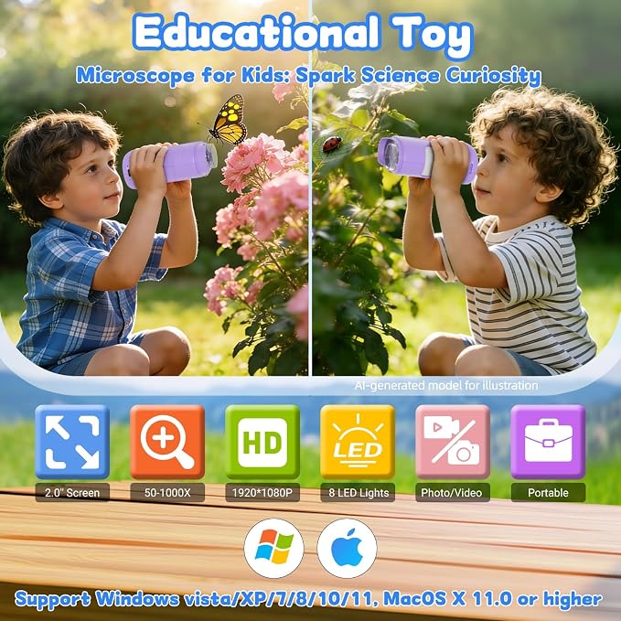 1000X Handheld Microscope for Kids: Pocket Digital Microscope with 2.0''IPS Screen&Photo/Video - Portable Edu Science Kits for Girls Boys - STEM Toys Birthday Gifts Ages 3-6 6-12(Purple) - Image 2