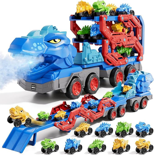 10 in 1 Dinosaur Truck Toys for Kids Toddlers Boys 3-5 4-8, Dino Carrier Truck with Foldable Track, Spray, Light & Sounds and 9 Dino Cars, Birthday Gifts for Kids Boys Girls 3 4 5 6 7 8 Year Old