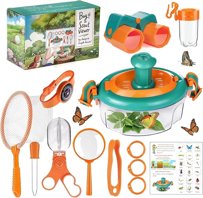Bug Catcher Kit 13 Pcs - Insect Catching Set with Net, Habitat, Magnifier & Tweezers - STEM Outdoor Toy for Kids Age 3+ (Orange 13 Pcs) by Unknown