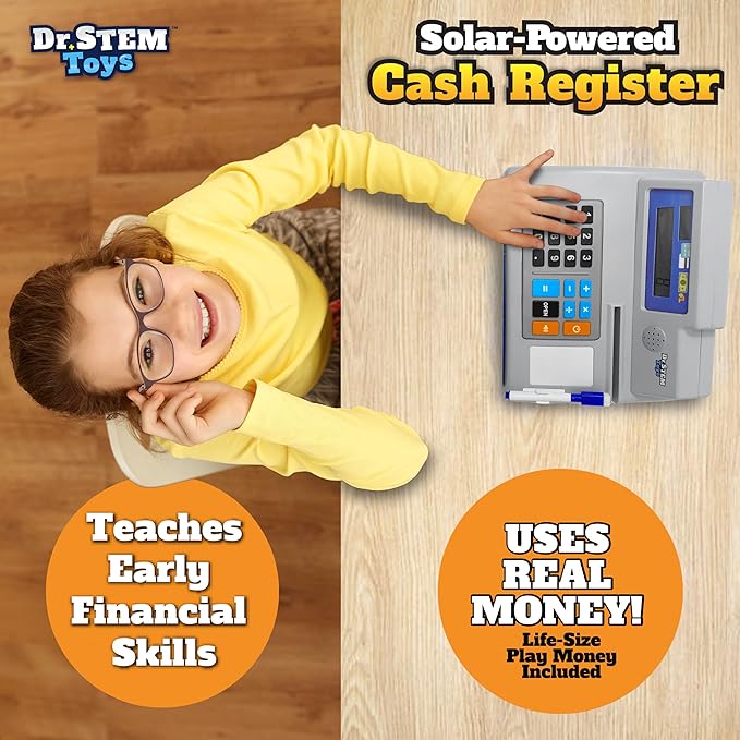 Dr. STEM Toys Solar Powered Calculator Pretend Cash Register with Play Money – 67-Piece Set for Learning Math Skills, STEM Cash Register for Kids (Gray) - Image 4
