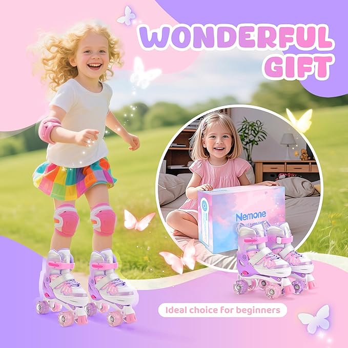 NEMONE Mermaid 4 Size Adjustable Light up Roller Skates for Girls, Purple Blue Skates for Toddlers, Beginner Kids Butterfly Roller Skates Indoor Outdoor