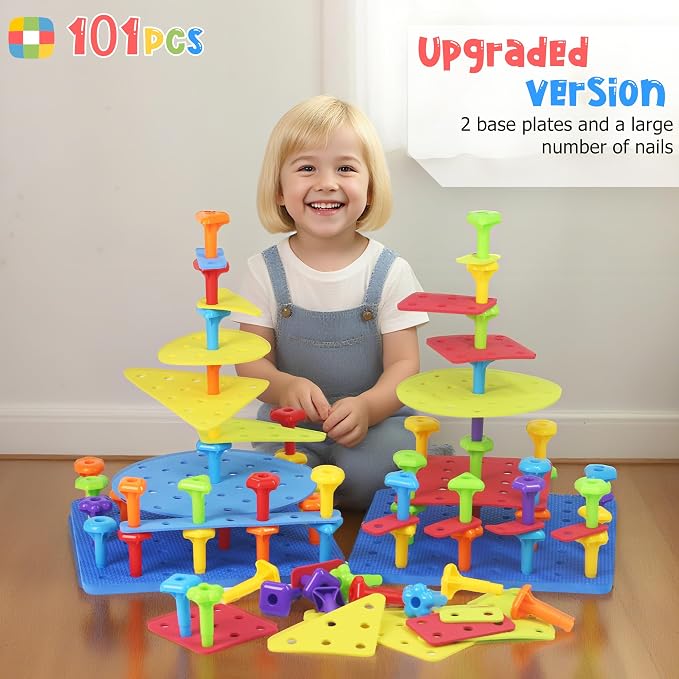 Ggiibro Peg Board Toy Set 101Pcs DIY Building Stacking Toys for Kids 3-6 Years Old,STEM Educational Kids Toy for Brain Development,Montessori Sensory Toys,Plastic Lacing String Game - Image 3