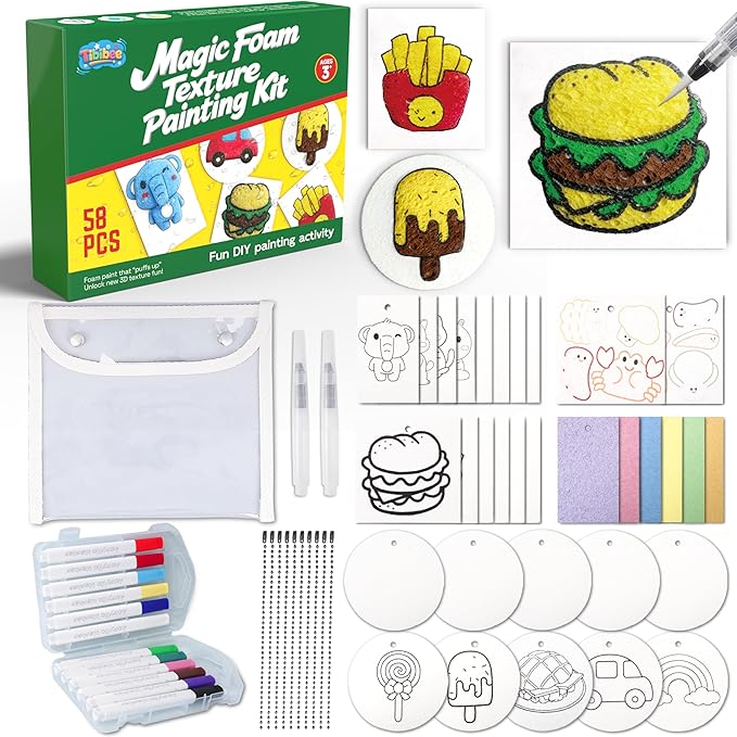 Tibibee Magic Puffy Paint, 58pcs Magic Foam Texture Painting Kit, Include 32pcs Foam Texture Paper, 12 Acrylic Markers, Magical 3D Effect Texture DIY Painting Kit for Kids Ages 3–8