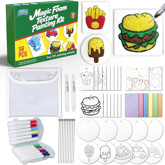 Tibibee Magic Puffy Paint, 58pcs Magic Foam Texture Painting Kit, Include 32pcs Foam Texture Paper, 12 Acrylic Markers, Magical 3D Effect Texture DIY Painting Kit for Kids Ages 3–8