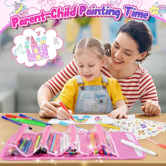 Unicorn Toys for Girls Age 4 5 6 7 8, Unicorn Washable Markers Set with Glitter Pencil Case, Girl Toys Coloring Drawing Kits Art Supplies for Kids 4-6 Birthday Christmas Gifts for 4-8 Year Old Girls