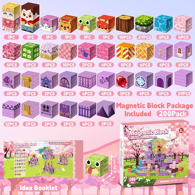 200 PCS Magnetic Blocks, Magnet Building Cubes, Build Pink Castle World Set - Image 2
