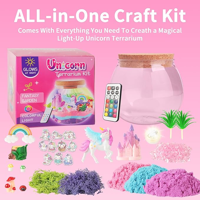 Unicorn Light-Up Terrarium Kit Toys for Kids - Not Fragile - LED Birthday Gift for Girls Ages 4 5 6 7 8-12 Year Old - Unicorn Toys for Girls - DIY Arts and Craft Kits with Stickers (Round)