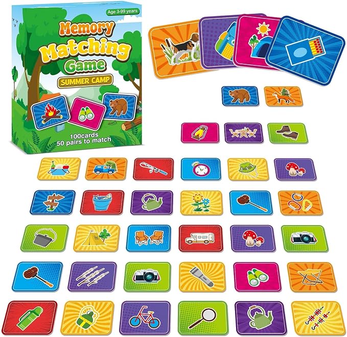 gisgfim 100 PCS Memory Matching Game for Kids Summer Camp Concentration Memory Card for Preschool Educational Ages 3-8 A Fun & Fast Camp Theme Matching Games by gisgfim