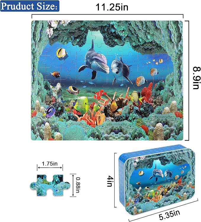 LELEMON Underwater World Puzzles for Kids Ages 4-8,100 Piece Ocean Dolphins Fishes Jigsaw Puzzle for Children,Learning Educational Toys for Boys and Girls - Image 2