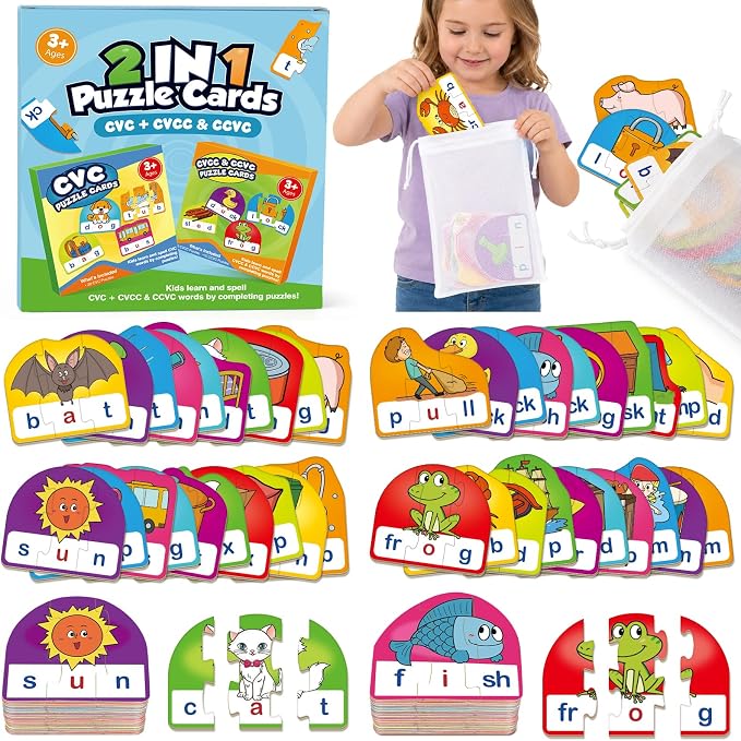 Phonics & Word Puzzle Cards for Kids 3+, 2 in 1 CVC & CVCC by Kasfalci