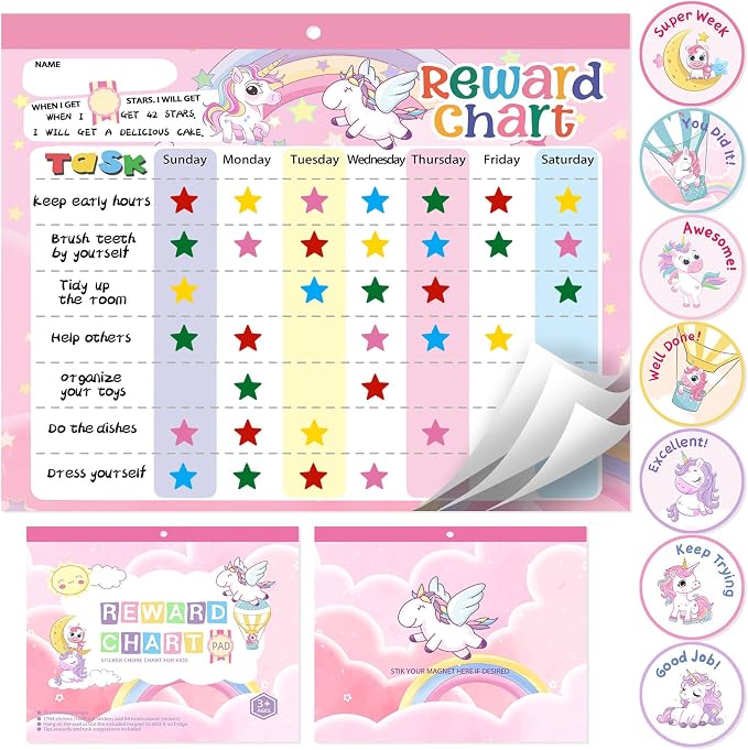 Magnetic Reward Chart for Kids at Home, Behavior Chart Pad with 26 Chore Charts, 1680 Star Stickers, 84 Motivational Stickers to Develop Responsibility & Good Habits (Unicorn) by khlerox