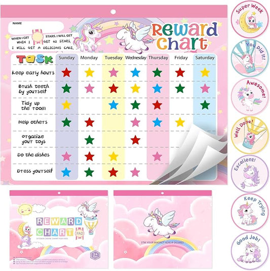 Magnetic Reward Chart for Kids at Home, Behavior Chart Pad with 26 Chore Charts, 1680 Star Stickers, 84 Motivational Stickers to Develop Responsibility & Good Habits (Unicorn) by khlerox