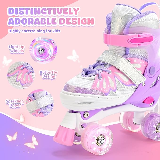 NEMONE Mermaid 4 Size Adjustable Light up Roller Skates for Girls, Purple Blue Skates for Toddlers, Beginner Kids Butterfly Roller Skates Indoor Outdoor