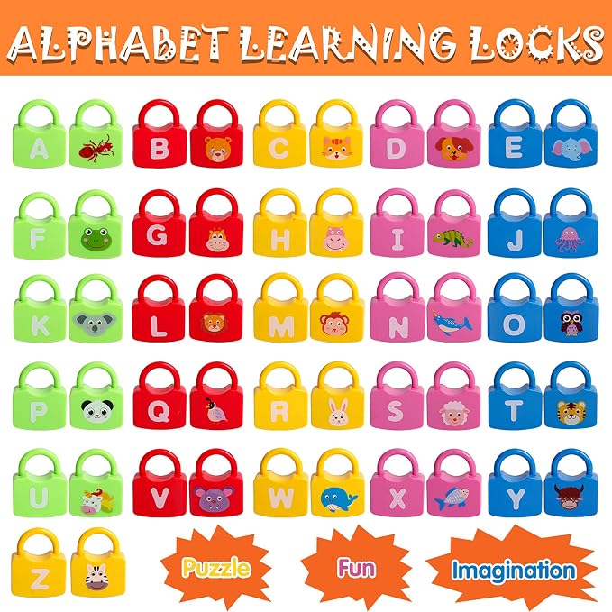 Dinhon Color Alphabet Learning Lock Toys Educational Letter Combination-with 26 Locks, 26 Keys Montessori Preschool Alphabet Learning Game for Ages 3 yrs+ - Image 4