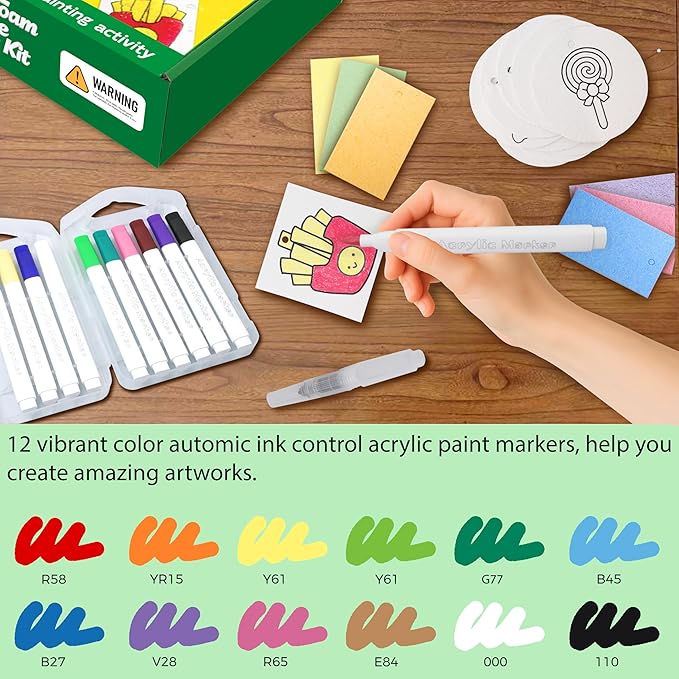 Tibibee Magic Puffy Paint, 58pcs Magic Foam Texture Painting Kit, Include 32pcs Foam Texture Paper, 12 Acrylic Markers, Magical 3D Effect Texture DIY Painting Kit for Kids Ages 3–8