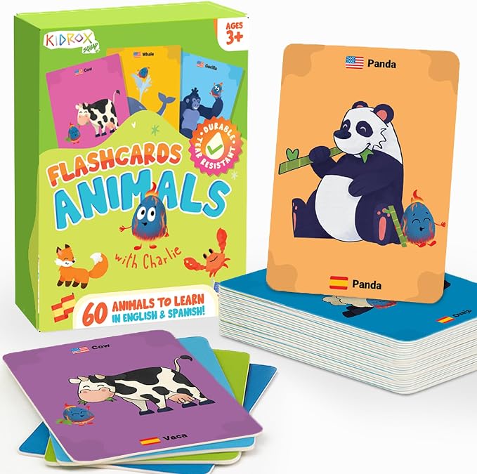 Kidrox Animals Flash Cards, English Learning Cards with Spanish Translations Included, Indestructible Double-Sided, 30 Cards by Kidrox