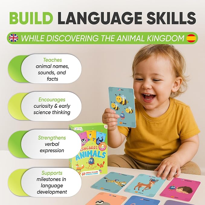Kidrox Animals Flash Cards, English Learning Cards with Spanish Translations Included, Indestructible Double-Sided, 30 Cards - Image 6