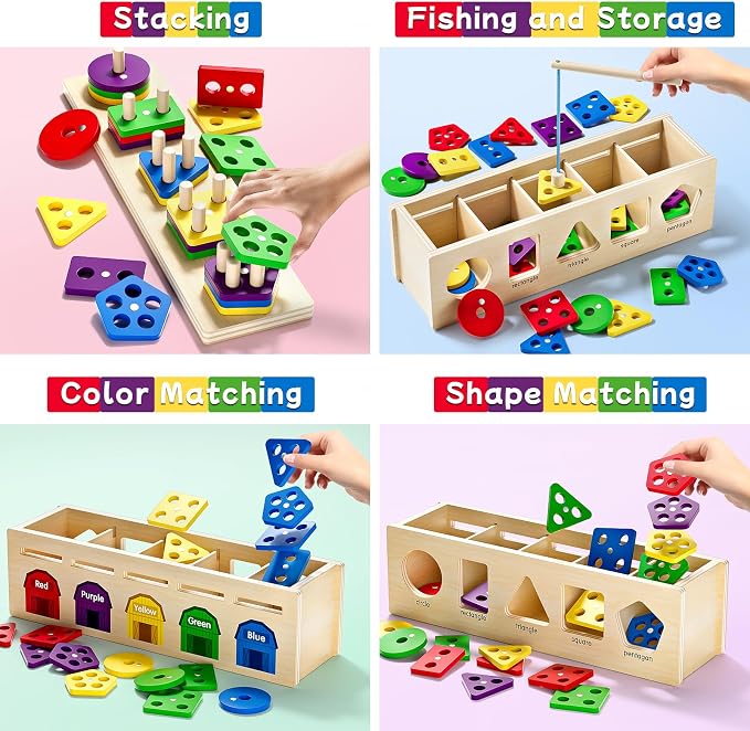 Montessori 4 in 1 Wooden Sorting Shape Sorter and Stacking Toy Box Color Matching Counting Fishing Game Preschool Educational Toys for 3 Years Boys and Girls Gifts - Image 2