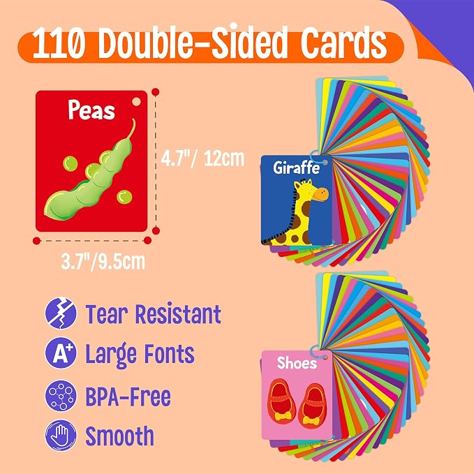 110 PCS Sight Word Flashcards, Double Sided Cards- Alphabet, Foods, Animals, Home Object with 4 Reclosable Rings, Early Learning Tool for Pre-K Kindergarten Toddlers - Image 2