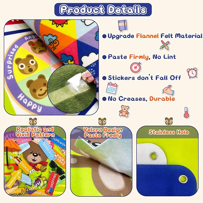 My Daily Calendar Felt Board for Kids Preschool Classroom Calendar 3.5Ft Circle Time Learning Center All About Today Activities Bear Dress Emotion Weather Season Days of the Week for Toddlers Learning - Image 3