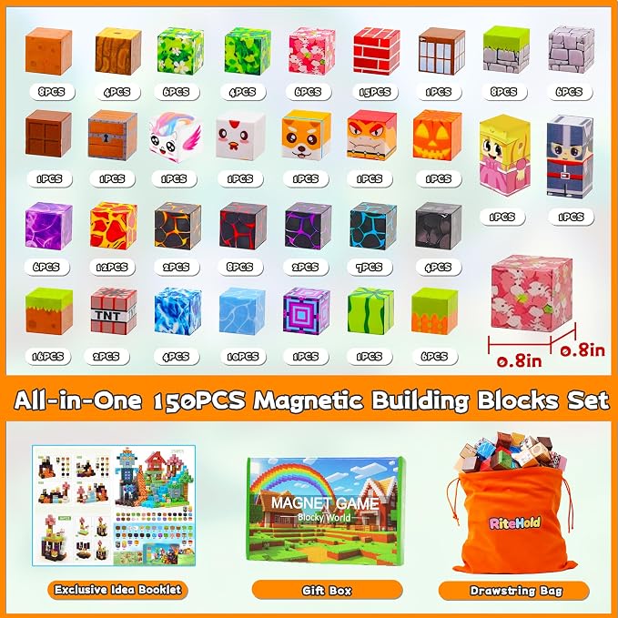 150PCS Magnetic Building Blocks for Kids Ages 3-8, 0.8in STEM Magnetic Cubes, Montessori Construction Toys for Boys Girls, Creative Educational Building Set, Birthday - Image 7