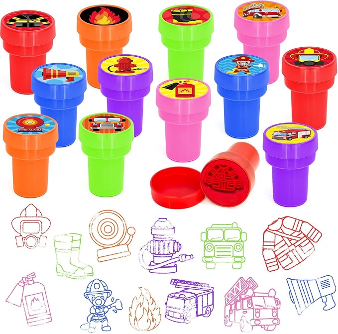 Cinrobiye 24 Pcs Fire Truck Stampers Party Favor Set, Cute Firefighter Truck Stamps for Kids Birthday Party, Classroom Rewards, Carnival Prizes, Goody Bag Fillers, Fire Safety Party Supplies by Cinrobiye