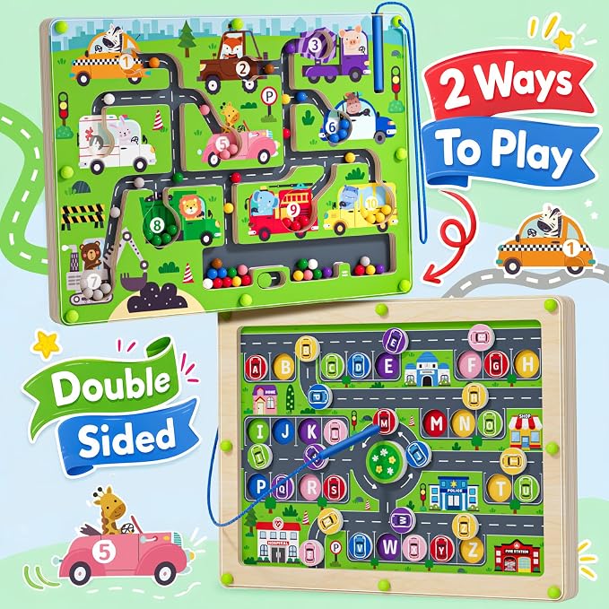 2 in 1 Magnetic Color and Number Maze Double-Sided ABC Alphabet Puzzles Board Magnet Dinosaur Counting Maze Preschool Learning Montessori Education 3 4 5 Years Toys (Car, One Size) - Image 2