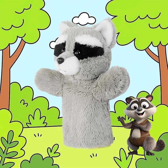 Plush Stuffed Puppet Forest Animal Toy for Family Fun Adult Hands Fit Preschool Learning Classroom Supplies Educational Tool Raccoon Puppet