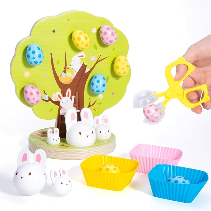 Woodtoe Easter Toys for Toddlers, Magnetic Easter Eggs, Picking Easter Bunny Toy, Montessori Toys for 3 4 5 6 Year Old, Wooden Sensory Color Sorting Toys, Spring Easter Basket Stuffers Gifts for Kids by Woodtoe