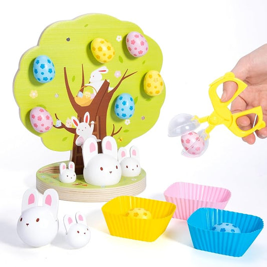 Woodtoe Easter Toys for Toddlers, Magnetic Easter Eggs, Picking Easter Bunny Toy, Montessori Toys for 3 4 5 6 Year Old, Wooden Sensory Color Sorting Toys, Spring Easter Basket Stuffers Gifts for Kids by Woodtoe