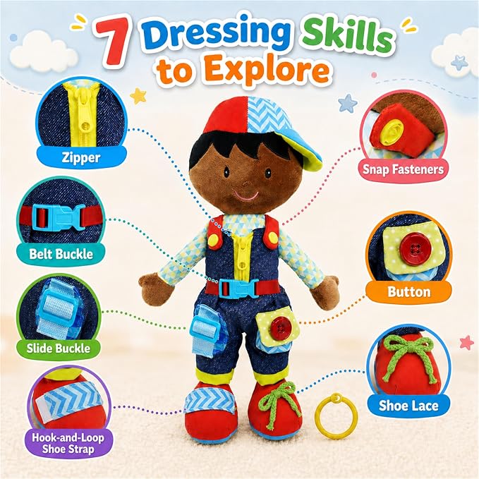 June Garden 15.5" Dressy Friends Isaiah - Educational Stuffed Plush Doll for Kids and Toddlers 2 Years and Up - Montessori Buckle Soft Toy - Image 2