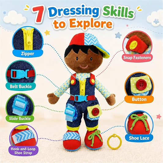 June Garden 15.5" Dressy Friends Isaiah - Educational Stuffed Plush Doll for Kids and Toddlers 2 Years and Up - Montessori Buckle Soft Toy - Image 2