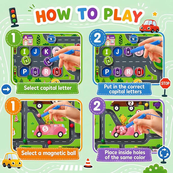 2 in 1 Magnetic Color and Number Maze Double-Sided ABC Alphabet Puzzles Board Magnet Dinosaur Counting Maze Preschool Learning Montessori Education 3 4 5 Years Toys (Car, One Size) - Image 7
