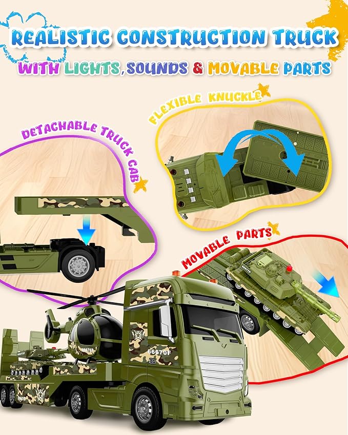 Toddler Boy Toys for 3 4 5 6 7 Years Kids, 25.6" Large Semi Truck Toy with Tank and Helicopter Toy, Army Military Toys with Sounds and Lights, Birthday Chritmas Gifts for Child