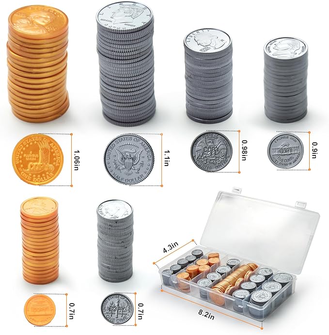 TOMMYHOME Fake US Coins Play Money 300 PCS Set – 6 Types of Coins,Realistic Prop Money for Kids,Toy Cash Register, Pretend Play Toys – Homeschool Teaching Supplies(307) - Image 2