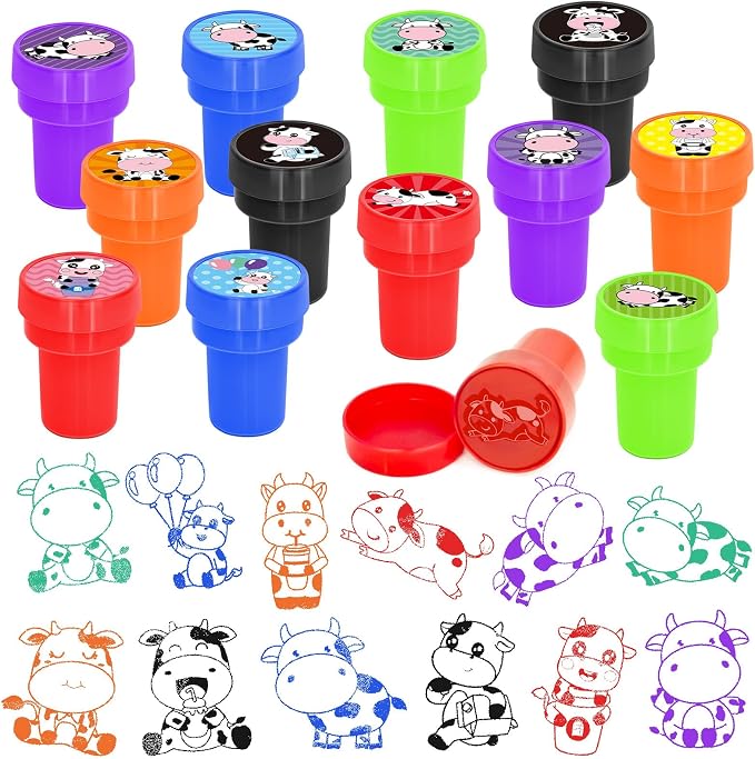 Cinrobiye 24 Pcs Cow Stampers Party Favor Set, Cute Farm Animal Stamps for Kids Birthday Party, Classroom Rewards, Farm Themed Party Supplies, Goody Bag Fillers, Barnyard Animal Toys by Cinrobiye