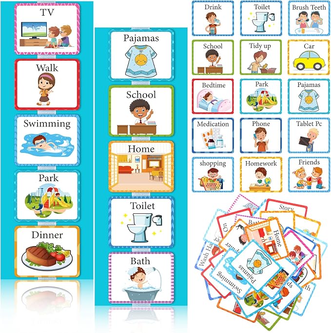 Visual 35 Pieces Schedule for Toddlers Autism Learning Materials Kids Routine Cards Visual Wall Planner, 2 Chore Chart Schedule Board for Home School, 2 Rough Strips, 35 Hook and Loop Dots(Cyan) by Eersida