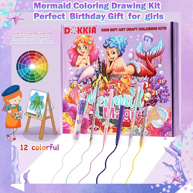 DOKKIA Fruit Scented Kids Coloring Pens Markers Set 65 PCS Art Craft Drawing Case Washable Kits Pencil Crayon&Coloring Book Supplies,Birthday Gifts for Girls 4-5-6-7-8-12 Year Old Mermaid Tail Purple