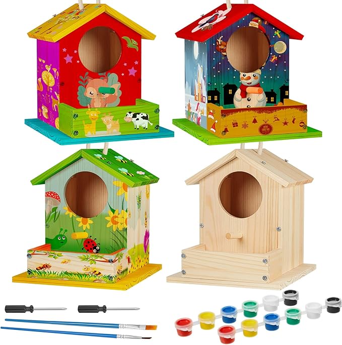 Liliful 12 Pack Wooden Birdhouse Kit DIY Bird House with Paint and Paintbrushes Art and Crafts Painting Kits for Boys Girls Adults Build Paint Classroom Birthday Indoor Outdoor Craft