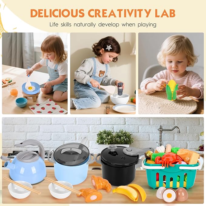 130Pcs Kitchen Playset, Toddler Pretend Cooking Play Pots, Pans, Utensils Cookware, Daily Food Fruit Veges, Shopping Storage Basket, Dessert, Prop Money, Learning Gift for Child (Blue) - Image 6