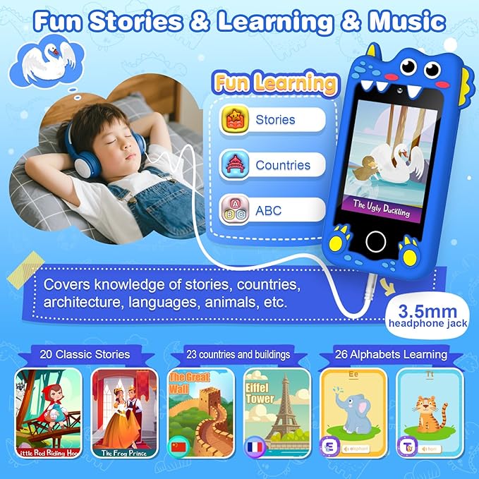M SANMERSEN Dinosaur Smart Phone for 3 4 5 Year Old Kids, 2.8" Touchscreen Toddler Phone Toy, Dual Camera 28 Learning Games, MP3 Music Player, Built-in 32G SD Card