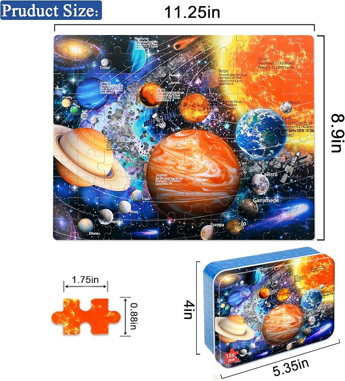 LELEMON 100 Pieces Jigsaw Puzzles for Kids Ages 4-8 Solar System Planets Jigsaw Puzzle for Kids Boys Girls Children Learning Educational Puzzles in a Metal Box Pack Toy - Image 2